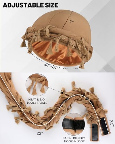 Ababalaya Adjustable Satin Lined Halo Turban Durag for Men &Women Twisted Tassel Head Wraps - color: Khaki