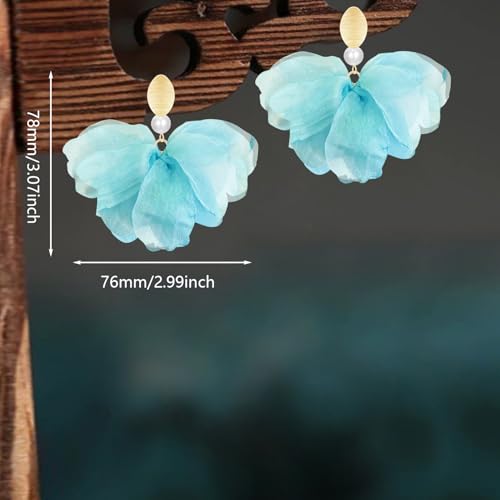 Handmade Fabric Flower Petal Fringe Dangle Drop Earrings Bohemian Floral Tassel Stud Earrings For Women - color: Light Blue