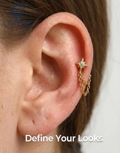 OUFER 16G Chain Cartilage Piercing Jewelry-316L Surgical Steel Gold Flat Back Push Pin Helix Earring, Star Clear CZ Double Chain Lobe Piercing Jewelry - style: Star-Gold