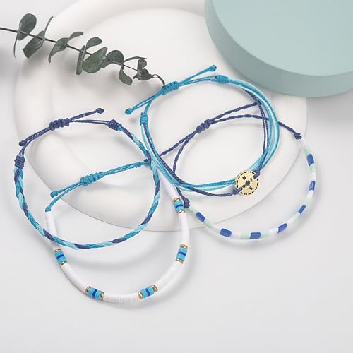 FANCY SHINY Boho Nautical Compass String Bracelets Beaded Clay Beads Bracelet Stackable Friendship Bracelets Summer Beach Outfits for Women Girls - color: Blue