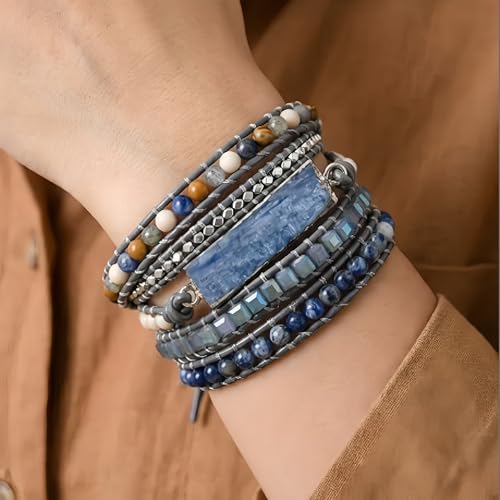YGLINE Boho Handmade Wrap Leather Tube Crystal Stone Bracelet for Women - color: Topaz-5w