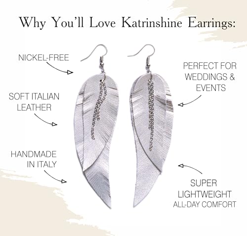 Black shiny Leather Feather Earrings for Women, Lightweight Minimal Boho Dangle Earrings, Small Simple Everyday Jewelry - color: light grey metallic