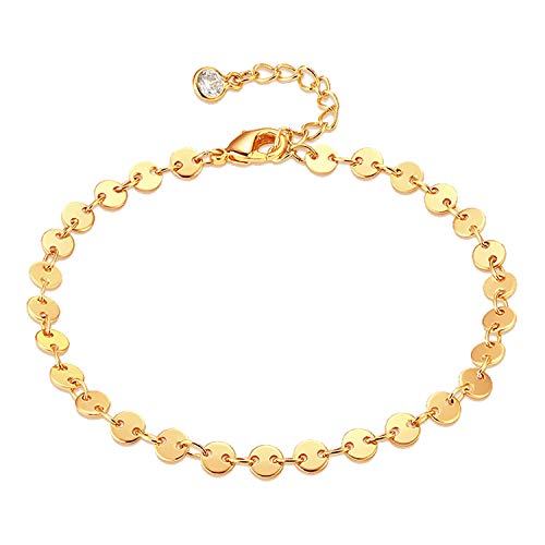 Dremmy Studios Gold Bracelet for Women 18K Gold Plated Dainty Paperclip Cubic Zirconia Disc Coin Star Cable Satellite Bead Pearl Simple Boho Minimalist Stacking Layered Link Jewelry Gift - color: Coin A