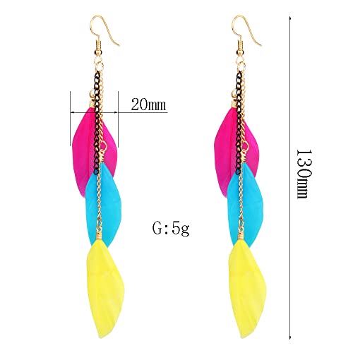 coadipress Boho Piercing Tassel Feather Long Chain Earrings Retro Lightweight Native Feather Dangle Drop Earrings for Women Bohemian Handmade Natural Feathers Earring Jewelry - color: Muticolor