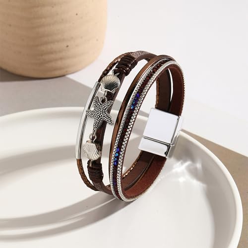 VIBILIA Boho Leather Wrap Bracelets for Women Multi-Layer Bracelets with Strong Clasp Jewelry for Women - color: 04-ShellStarfish-Coffee