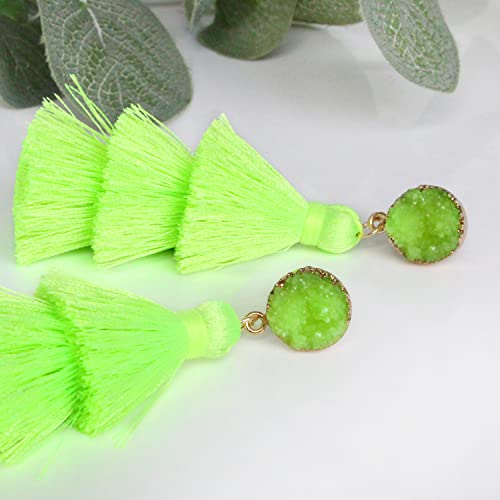 Me&Hz Colorful Layered Tassel Earrings Bohemian Statement Tiered Tassel Big Dangle Drop Earrings for Women Druzy Studs Valentine’s Day Gift - color: Fluogreen