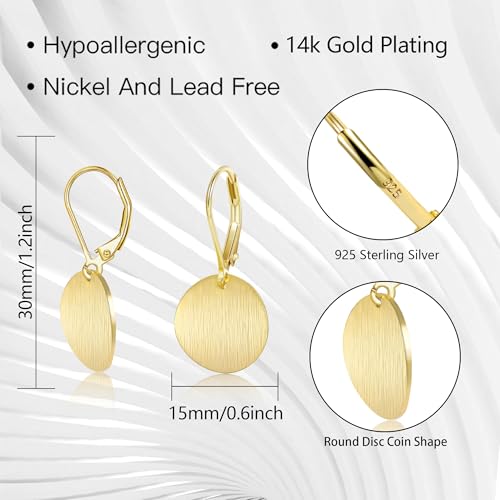 14K Gold Dangle Earrings for Women，Lightweight Circle Disc Coin Geometric Flat Brushed Drop Earrings, Hypoallergenic Leverback Earrings Jewelry - color: A-14K Gold