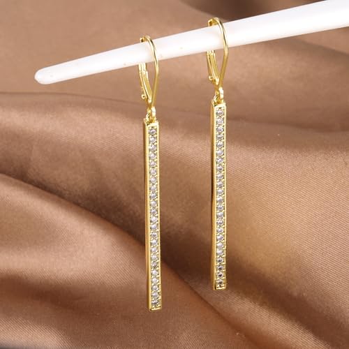 Silver Bar Dangle Drop Earrings for Women, 14K Gold French Style Leverback Dangle Drop Earrings, Hypoallergenic Jewelry - color: CZ 14K Gold