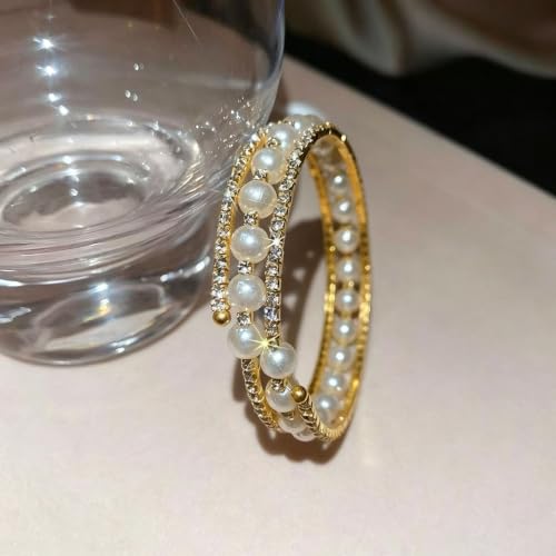 Pearl Rhinestone Stretch Cuff Bracelet for Women Adjustable | Perfect for vintage weddings parties vacations and everyday wear - color: Gold
