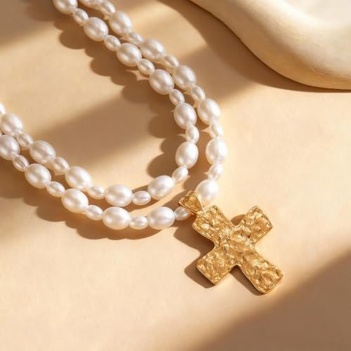 Chunky Cross Necklace for Women Chunky Gold Necklace Statement Cross Pendant Vintage Toggle Clasp Necklace Jewelry for Women - color: E1-Gold Cross Necklace