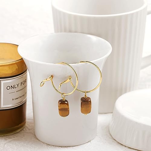 Gold Plated Huggie Hoop Earrings with Charms Fashion Pearl Drop Dangle Earrings for Women Handmade Karma Circle Jewelry for Ladies Lightweight Pearl Earrings on Christmas - color: Tiger Eye