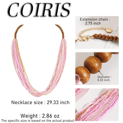 Coiris Chunky Statement Necklaces for Women Boho Multi Long Layered Strand Beaded Necklace for Women Handmade Crystal Beach Jewelry Gift - color: Pink