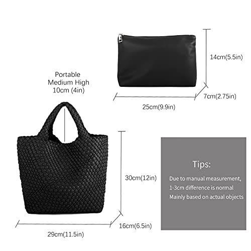 Hand Woven Bag Tote BagS For Women Top Handle Shoulder Vegan Leather Large Travel Beach Hobo Handbag - color: Black-a