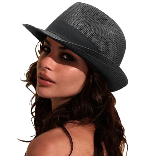 DRESHOW Women Straw Sun Hat Short Brim Panama Travel Fedora Summer Hat Roll Up Beach Cap for Women UPF 50+ - color: 1 Pc Ribbon Straw Hat: Black