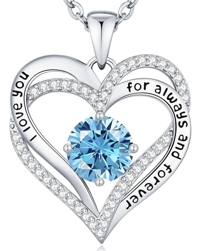 CDE Engraved Forever Love Heart Birthstone Necklace Jewelry Gifts for Women | Hypoallergenic,Nickel-Free & Lead-Free,3 x 3 mm 5A CZ Heart Pendant,Anniversary Christmas Birthday Gift for Girlfriend Wife - color: Birthstone-03-Mar, style: Rhodium Plated-Bra