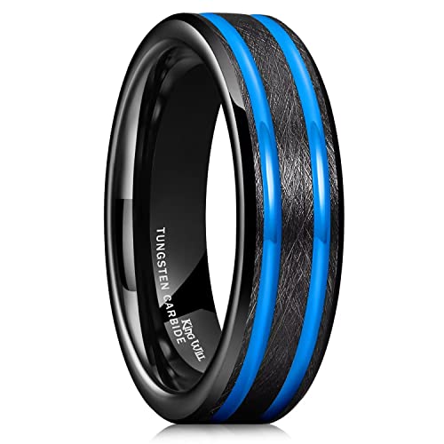 King Will Mens Tungsten Rings for Men Two Tone Grooved Mens Wedding Band Cool - color: Black & Blue Two Groove 6mm