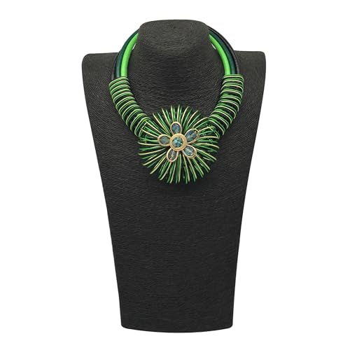 Statement African Necklace For Women African Jewelry Costume Earring Sets Tribal Fashion Colorful Big Rhinestone Crystal Pendent Collar Choker Bold Chunky Bib Handmade - color: Flower green