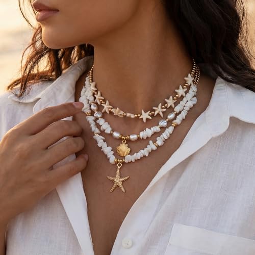 Shell Starfish Necklace for Women, Gold Plated Boho Layered Pendant Necklace with Pearl Conch Charm, Dainty Coastal Summer Beach Vacation Jewelry Gifts - style: Crush Shell&Starfish 3Pcs