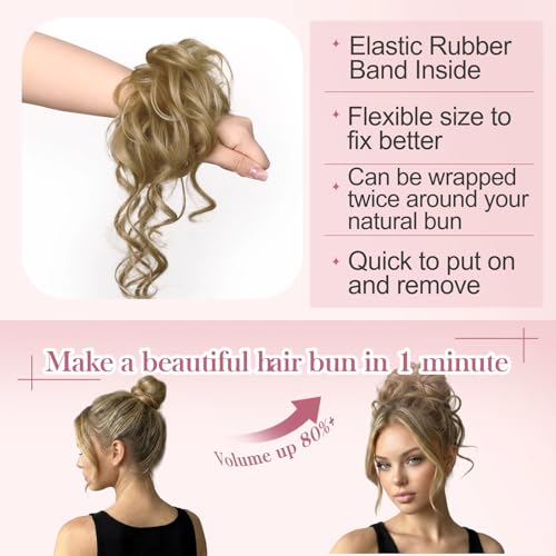 Messy Bun Piece Human Hair for Women Tousled Updo Extension Wavy Curly Buns Scrunchie with Tendrils, Natural Full Chignon Hairpiece for Thin Fine Hair Ladies Dirty Blonde 33g - color: Golden Honey Blonde