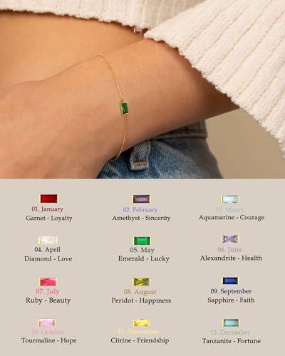 FUNEIA Birthstone Gold Bracelets for Women Non Tarnish Trendy Dainty 14K Gold Plated Bracelet Stack Stackable Blue Green May Emerald Friendship Bracelets Jewelry Gifts for Mom Best Friend - color: 05. May(Emerald)