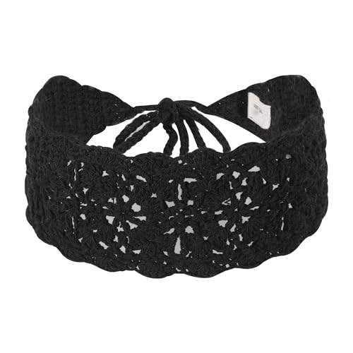 ZLYC Women Floral Headband Handmade Crochet Knit Vintage Hair Bands (Plain Black) - color: Plain Black