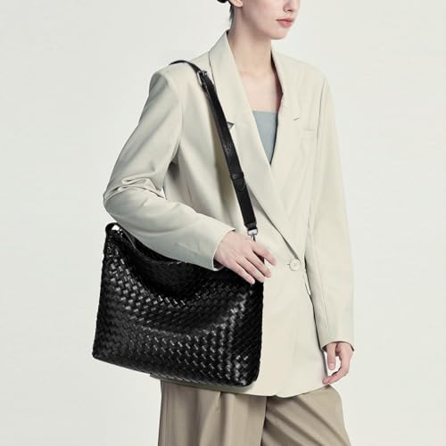 JINMANXUE Women Boston Bag, Woven Hobo Tote Handbag and Purses, Female Satchel Messenger Bags, Fashion Shoulder Crossbody Bag - color: Black