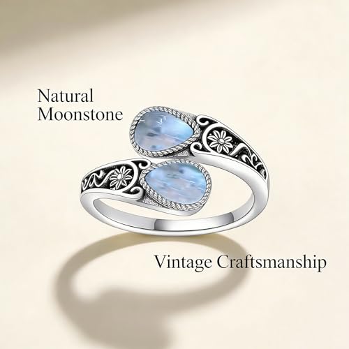 Adjustable Thumb Rings for Women Vintage Moonstone Obsidian Turquoise, Spoon Style Adjustable Ring Gift for Her, Sister, Mom – Natural Gemstone Jewelry - style: Moonstone Flower Ring