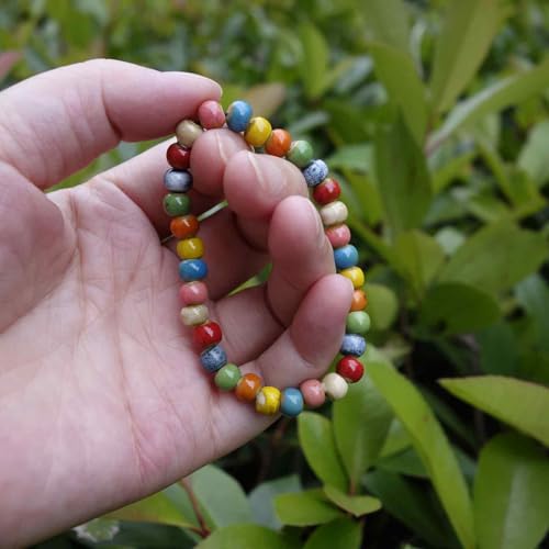 Handmade Multi-Color Faceted Ceramic Beads Bracelet for Women, Boho Stretch Bracelet with Oval Colorful Glazed Beads, Adjustable Bohemian Jewelry Gift for Mom Wife - color: small colorful