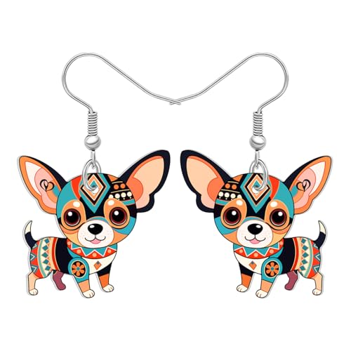 BONSNY Colorful Cute Chihuahua Dangle Earrings Mexican Folk Art Style Dog Pets Design Gifts for Chihuahua Lovers Women Fun Hypoallergenic Jewelry Accessories - color: Brown