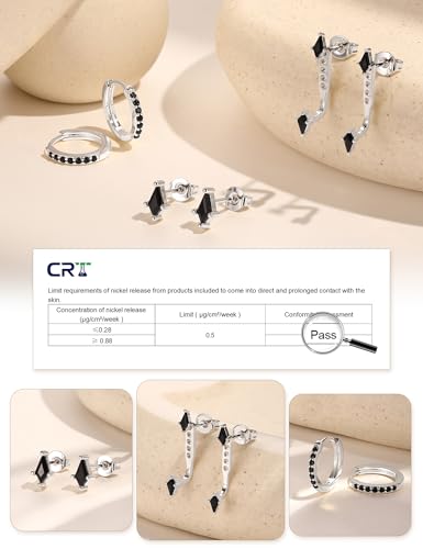GEORGE · SMITH Stackable Kite Stud Earrings Set for Women, Gold & Silver Huggie Birthstone Jewelry with Emerald Green & Blue Sapphire, Trendy Earrings for Women 2025 - color: Silver,Black CZ