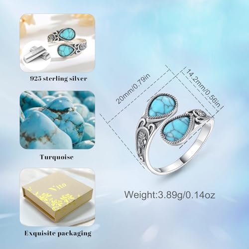 Vito 925 Sterling Silver Adjustable Open Spoon Ring for Women Men, Lotus Sunflower Snake Spoon Band Rings Feather Hug Witches Knot Inspirational Jewelry Gift for Wife - style: Sunflower Turquoise