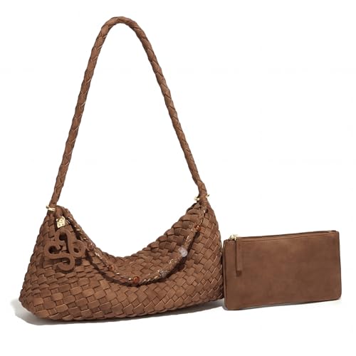 Premium Woven Shoulder crossboby Bag for Women, Slouchy Hobo Handbag with Braided Strap and Matching Zipper Pouch - color: Coffee Brown