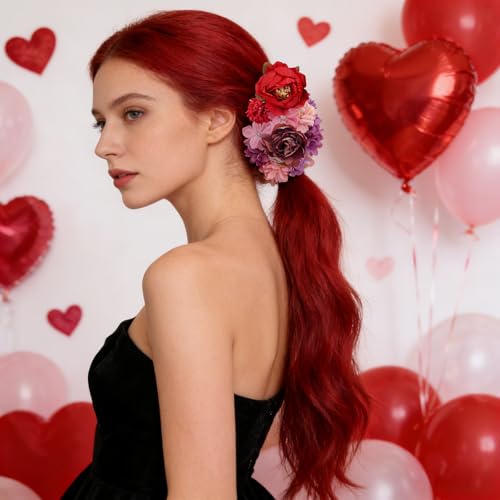 21 Pieces Silk Flower Hair Clip Women Aesthetic Boho Floral Hair Barrettes Handmade Rose Bride Barre Hair Accessories Wedding(Red) - color: Red