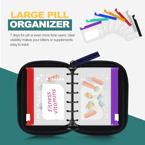 Timueetech A7 Waterproof Pill Organizer with 7 PCS L Size Zippered Pill Pouches for A7 Binder, Large BPA-Free Weekly Medicine Organizer, Color-Coded Reusable Travel Pill Storage System - color: Navy Blue