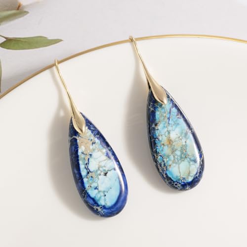 SELOVO Stone Fishhook Dangle Drop Earrings Statement Earrings for Women Stone - color: Dark Blue-Gold Color Hook