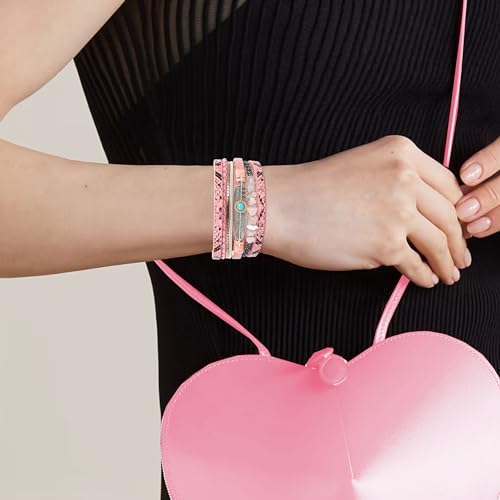Long tiantian Boho Leather Wrap Bracelets Western Bracelets for Women Stackable Starfish Crystal Pearl Turquoise Leather Bracelet With Clasp Jewelry Gifts Boho Dresses - color: A3:Pink Bracelet