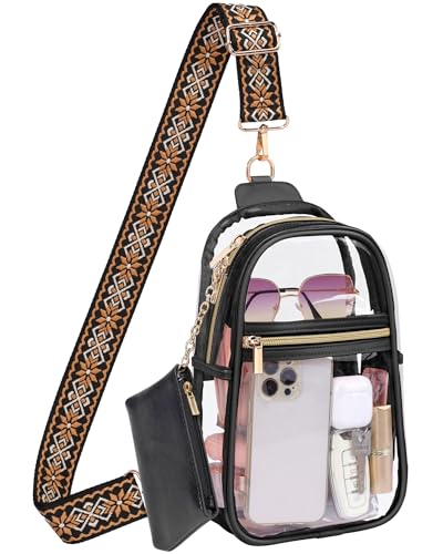 PACKISM Clear Sling Bag Stadium Approved - Clear Bag for Stadium Events & Holographic Bag for Music Festivals Jacquard Strap - color: Upgraded Black+pouch
