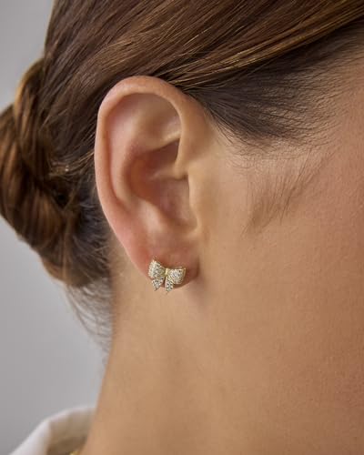 PAVOI 14K Gold Plated Dainty Flat Back Earrings for Women - Hypoallergenic Sterling Silver Posts Helix Cartilage Piercing Jewelry - Emoji Motif Bow Celestial Flatback Gold Stud Earrings Screw Back - style: Bow