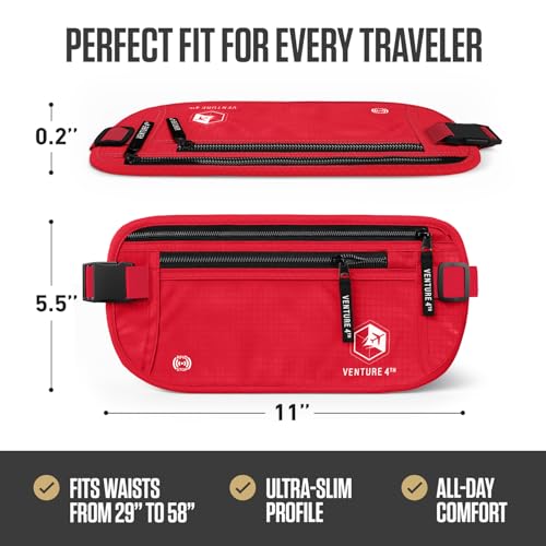 VENTURE 4TH Money Belt for Travel – Slim Hidden Under-Clothes RFID Blocking Anti-Theft Passport Holder & Travel Wallet Pouch for Men & Women to Protect Cash, Cards & Documents (Red) - color: Red