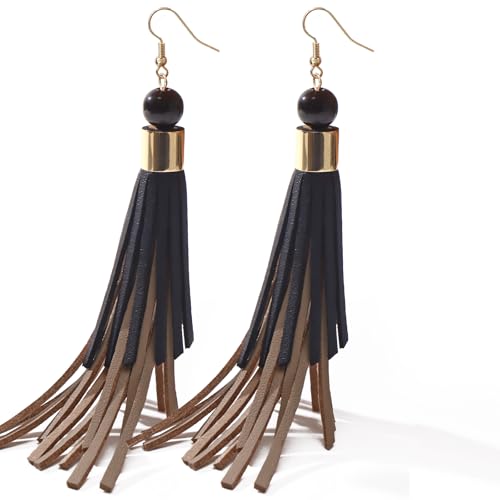 Coiris Boho Leather Layered Tassel Earrings for Women Lightweight Leather Fringe Dangle Earrings Handmade Bohemian Summer Beach Western Drop Earrings for Women - color: BlackBrown