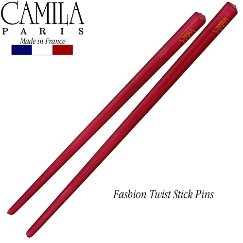 Camila Paris CP3178 French Twist Stick Hair Pin, Set of 2 Red, Girls Chopsticks Hair Pins for Girls Spiral Updo Chignon Bun Holder, Styling Hair Accessories for Women, Made in France - color: Red