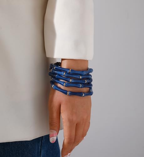 iF YOU 6pcs Chunky Acrylic Bangle Bracelets for Women, Resin Bamboo Brown Stretchy Bracelet Stack, Fashion Jewelry for Women - color: 5pcs-dark blue bracelets