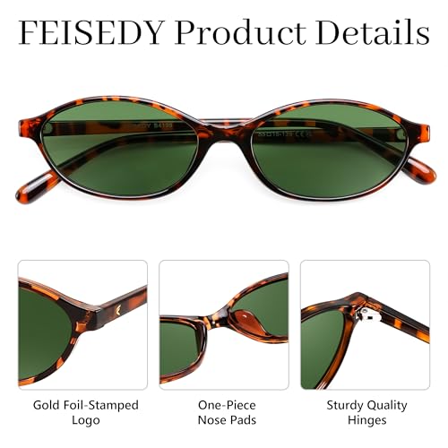 FEISEDY Retro Oval Sunglasses for Women Cat Eye 90s Lightweight Narrow Shades Trendy Sun Glasses B4196 - color: Tortoise/Green