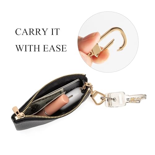 Full Grain Leather Coin Purse with Key Chain - Small Change Purse Keychain Card Holder Keychain Pouch Small Keychain Wallet for Women and Men (Black - Large Size) - color: Black, Large Size