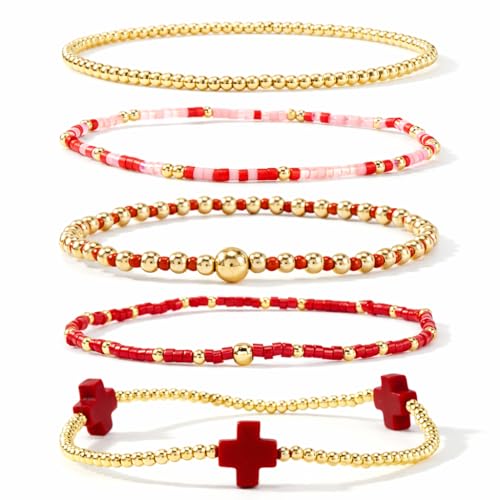 Gold Beaded Cross Bracelet for Women, 14K Plated Adjustable Stackable Dainty Bracelets, Non Tarnish Fashion Jewelry Set Gifts for Women Birthday Friendship - color: Colors-11
