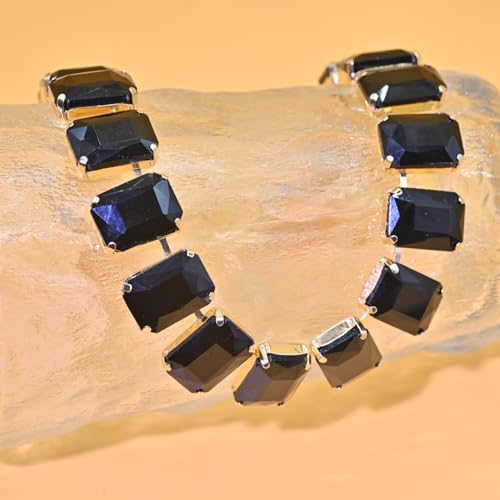 Fashionable Chunky Plated Tennis Rhinestone Statement Necklace Jewelry Set for Women Multicolor gem necklace with Great Sparkle and Shine Design for Women to Easy Match - color: black square rhinestone