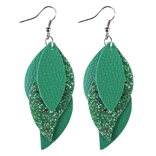 ANXIN boho unique Leather Earrings 2 Layered Lightweight Faux Leather Leaf Earrings Layered Design Drop Earrings Gift for Women - color: Green Earrings