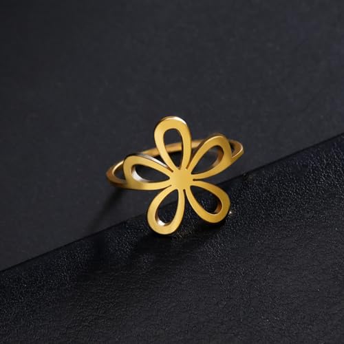 TEAMER Filigree Flower Ring Stainless Steel Elegant Bohemian Finger Ring Wedding Band Ring Exquisite Jewelry for Women - color: Style 2 - Gold