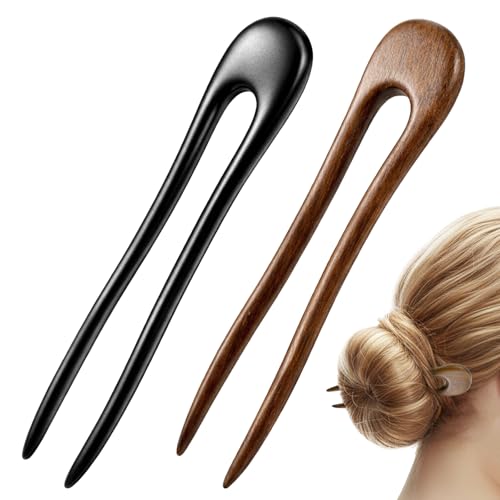 2 Pack U Shaped Hair Pins with Two Prongs Hair Clips for Buns, Wooden Hair Forks, French Hair Pin, Wooden Hair Fork for Women, Valentines Wedding Prom Decorative accessories