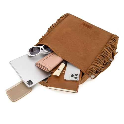 Wrangler Fringe Suede Hobo Bag for Women Leather Western Fringe Purse Tassel Hippie Shoulder Bag - color: Bright Brown